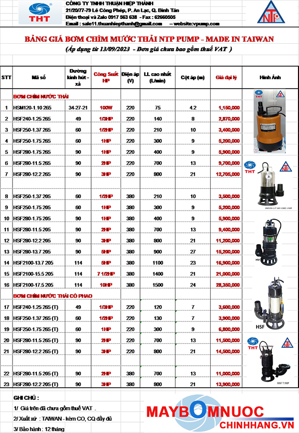 BẢNG GIÁ BƠM CHÌM NTP ĐÀI LOAN