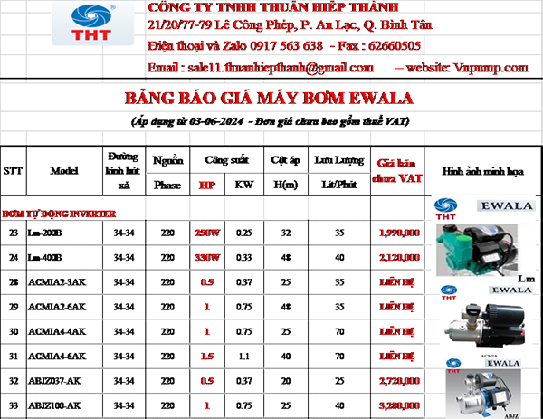 BẢNG GIÁ MÁY BƠM TĂNG ÁP EWALA