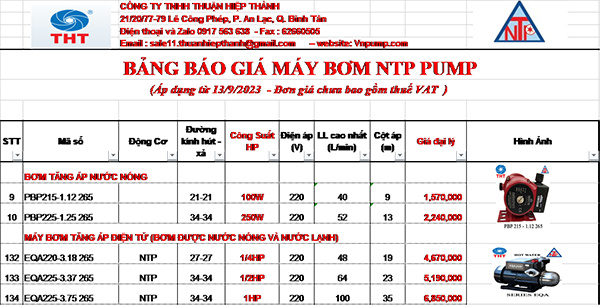 BẢNG GIÁ MÁY BƠM TĂNG ÁP BIẾN TẦN NTP 