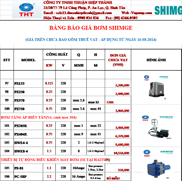 BẢNG GIÁ MÁY BƠM TĂNG ÁP BIẾN TẦN SHIMGE