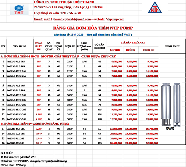BẢNG GIÁ BƠM CHÌM HỎA TIỄN GIẾNG KHOAN NTP
