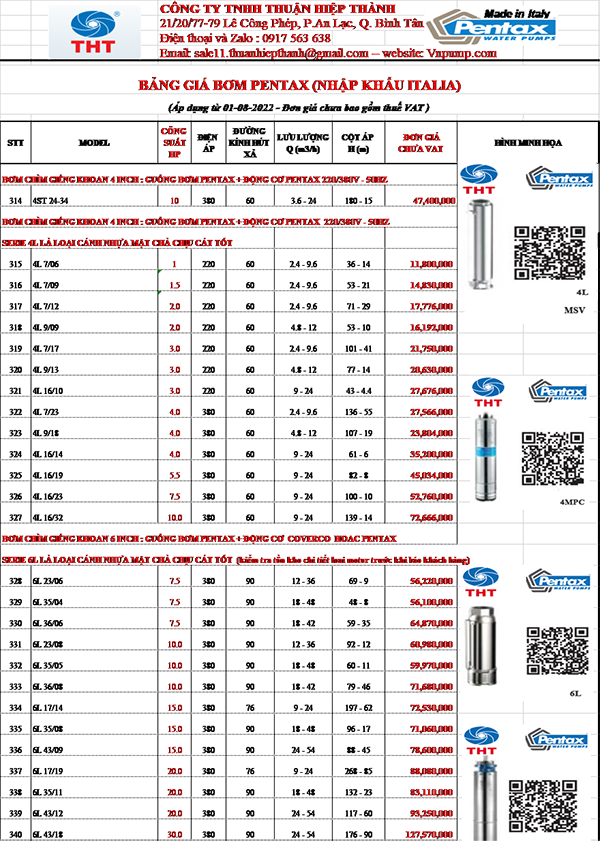 BẢNG GIÁ MÁY BƠM HỎA TIỄN PENTAX CHÍNH HÃNG