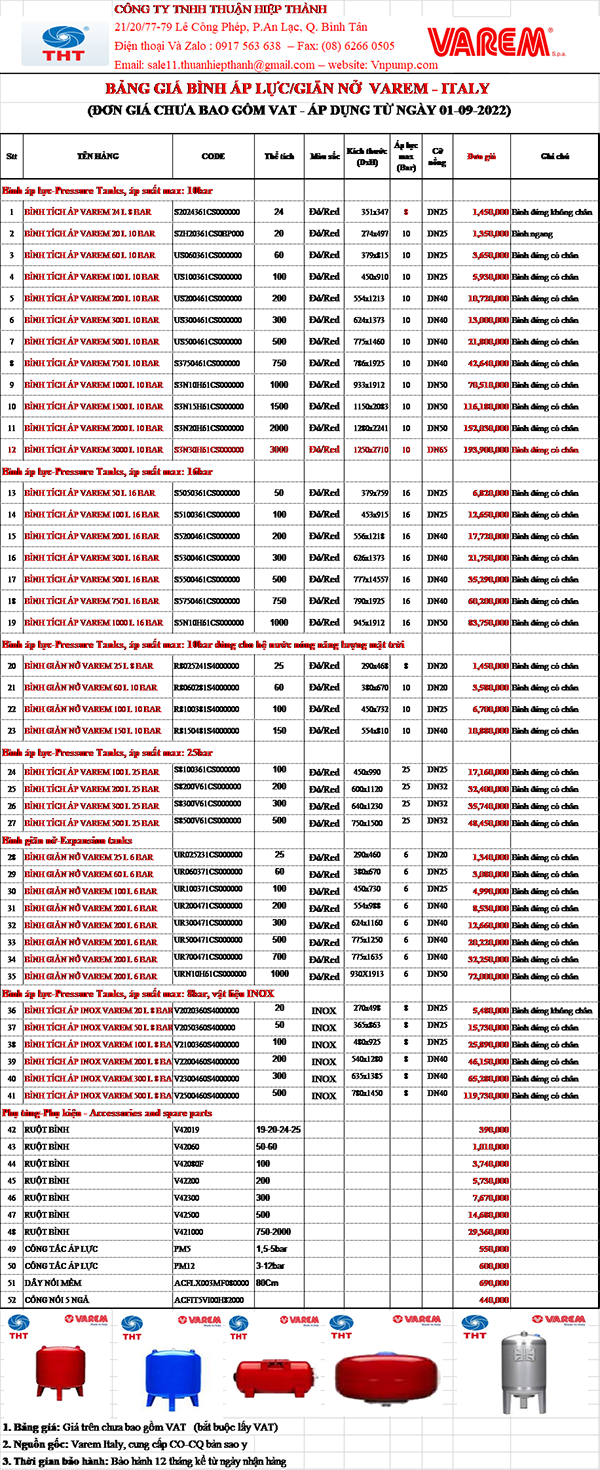BẢNG GIÁ BÌNH TÍCH ÁP VAREM 24Lít -50Lít -100Lít -200Lít -300Lít -500Lít -1000Lít