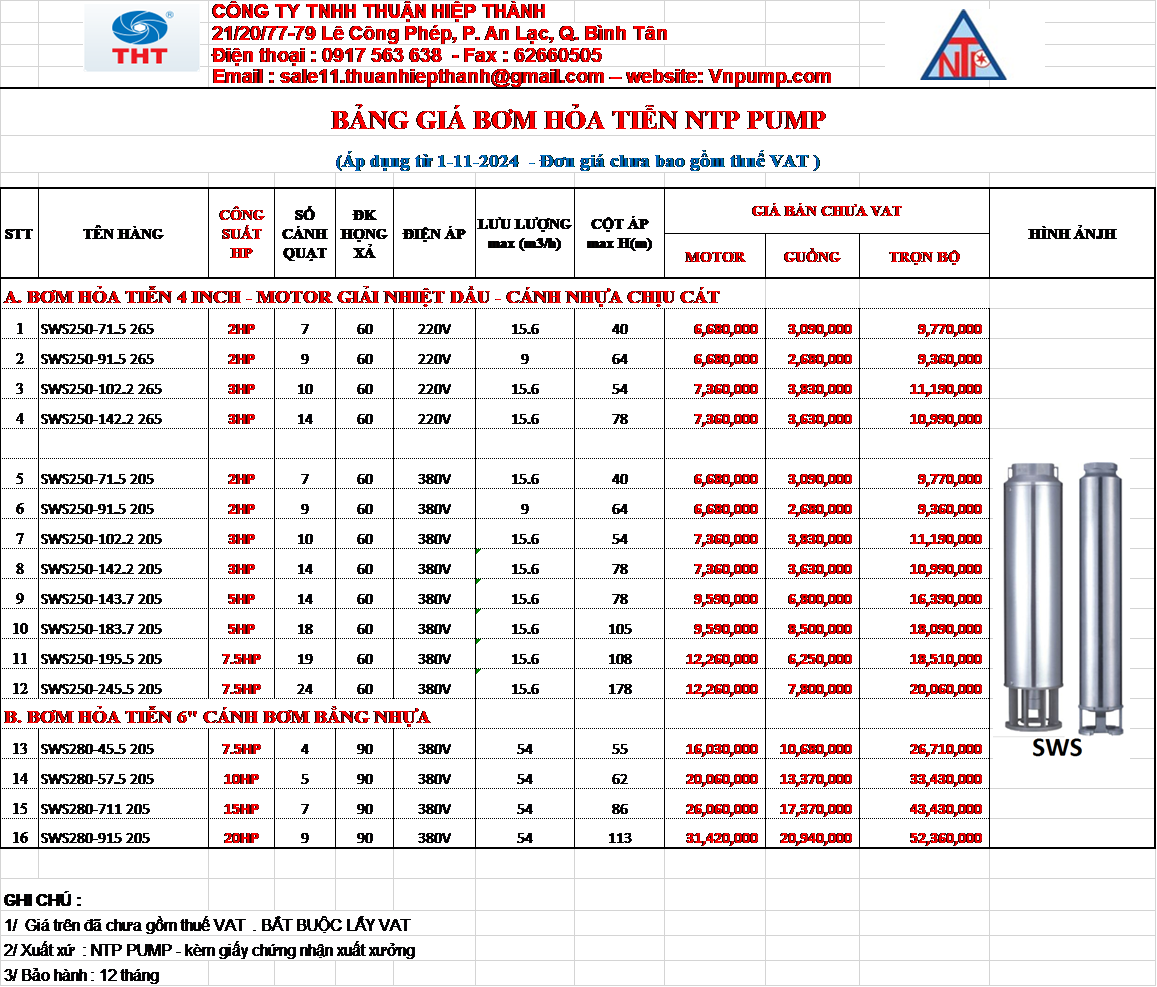 BẢNG GIÁ BƠM CHÌM HỎA TIỄN GIẾNG KHOAN NTP GIÁ RẺ TẠI TPHCM