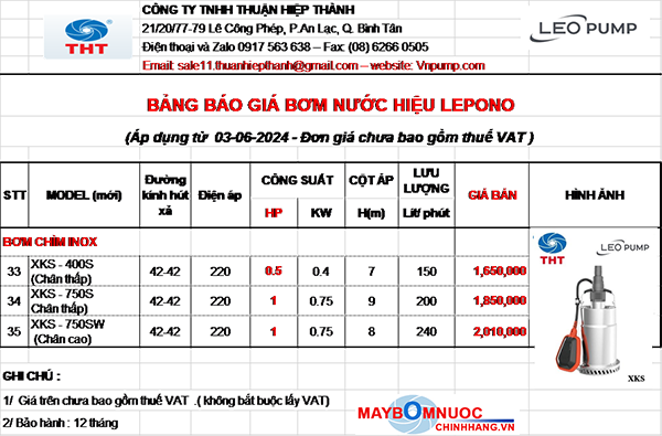 BẢNG GIÁ MÁY BƠM CHÌM NƯỚC THẢI LEPONO