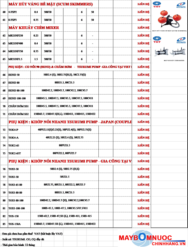BẢNG GIÁ MÁY BƠM CHÌM NƯỚC THẢI TSURUMI