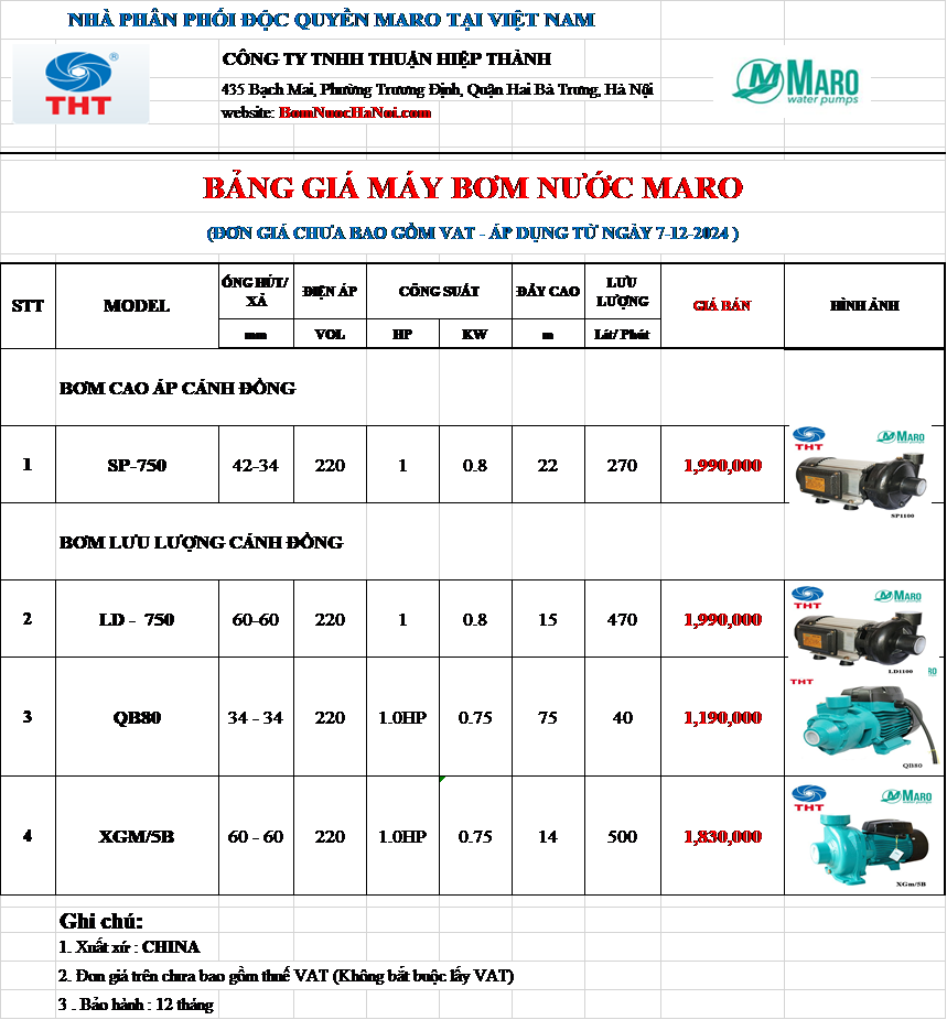 Bảng giá Máy Bơm Lưu Lượng Maro 1HP - 750W