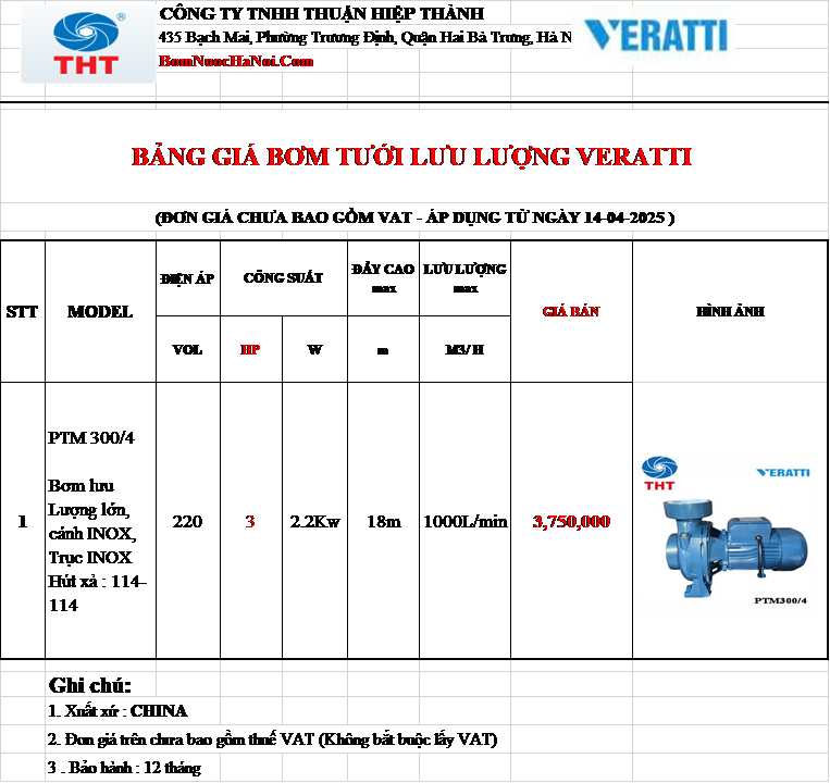 Bảng giá Máy Bơm Tưới Lưu lượng Lớn Veratti 3HP - 2.2Kw