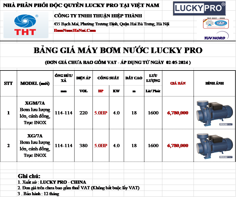 Bảng giá Máy Bơm Lưu Lượng Lucky Pro 5HP - 3.7Kw
