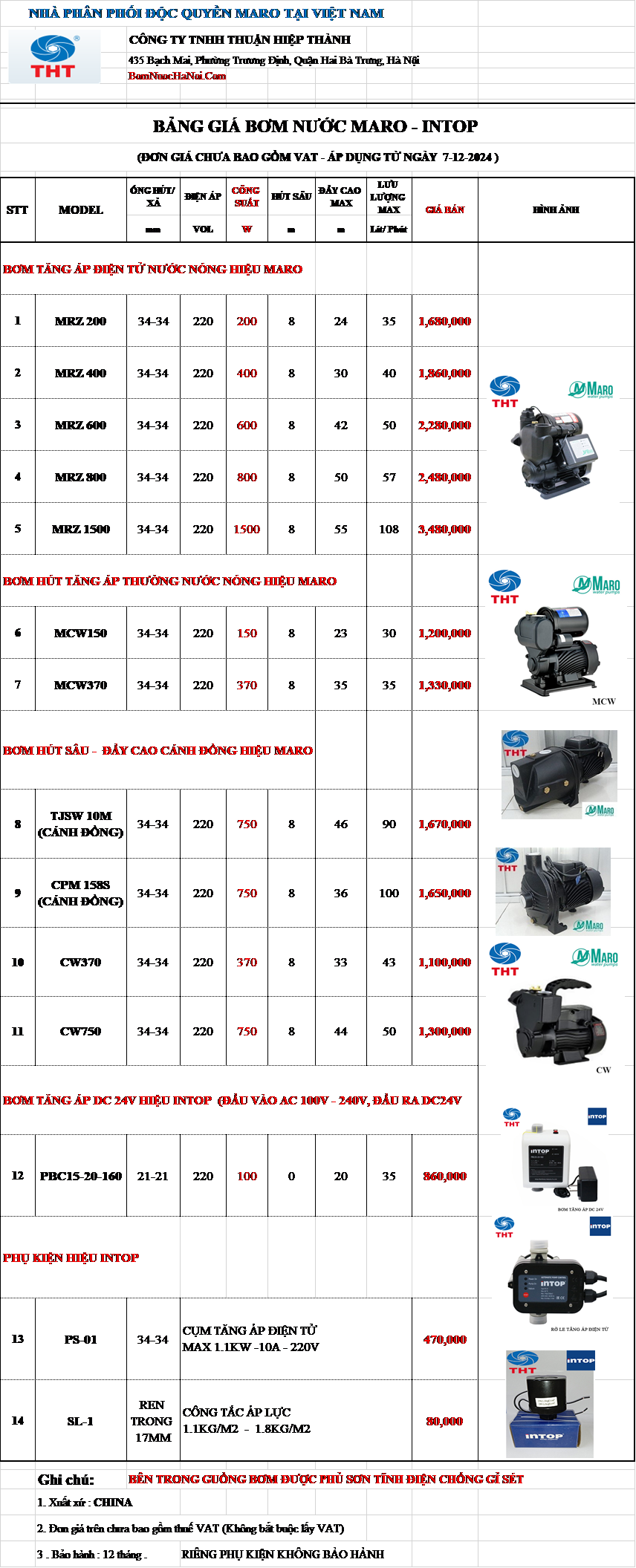 Bảng giá máy bơm tăng áp Maro 1HP giá rẻ