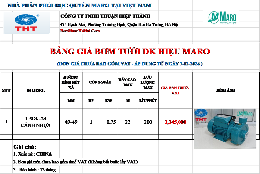 Bảng giá máy bơm tưới Maro 1HP giá rẻ