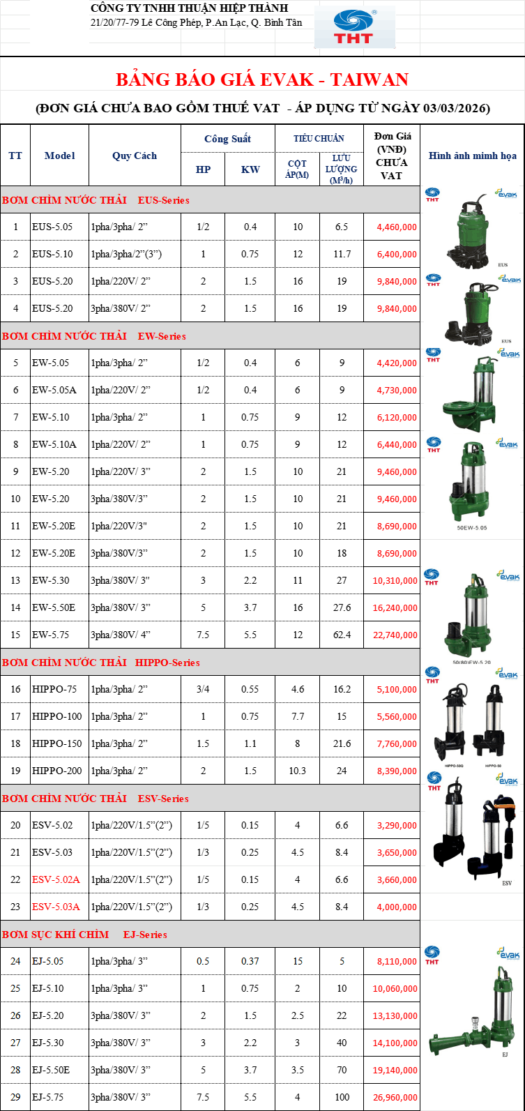 Bảng Giá Máy Bơm EVAK Đài Loan Chính Hãng Chiết Khấu Cao