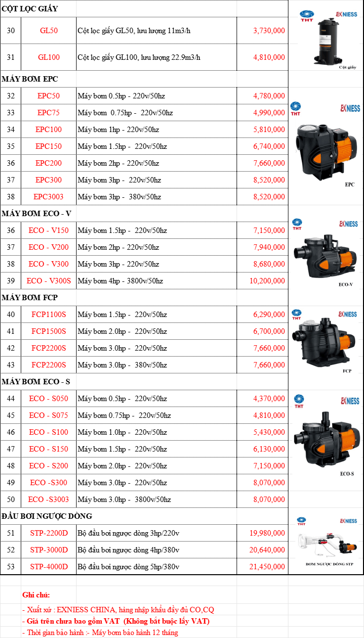 Bảng Giá Máy Bơm Hồ Bơi EXNIESS Chính Hãng Chiết Khấu Cao