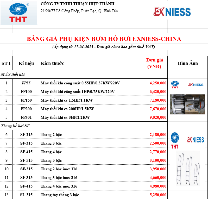 Bảng Giá Máy Bơm Hồ Bơi EXNIESS Chính Hãng Chiết Khấu Cao