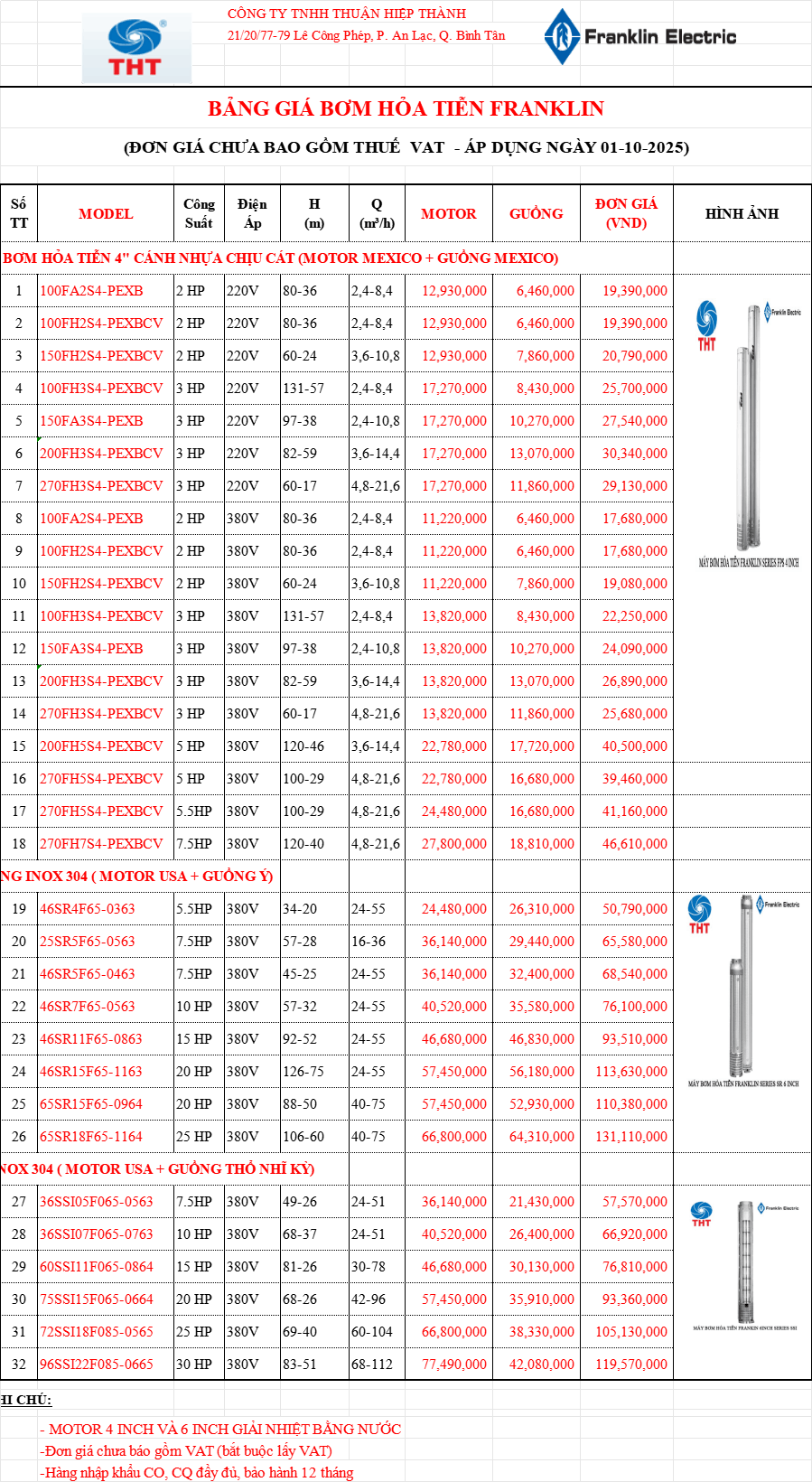Bảng Giá Bơm Hỏa Tiễn Giếng Khoan FRANKLIN Chính Hãng Chiết Khấu Cao