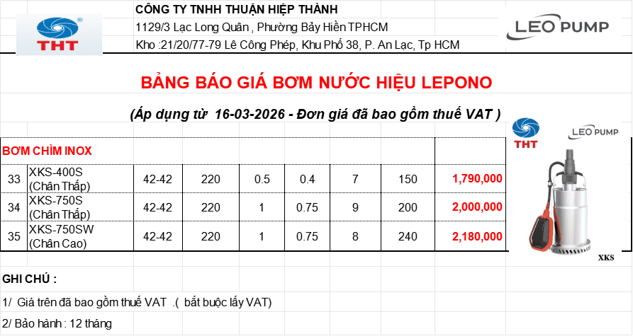 Bảng giá máy bơm chìm Lepono tại Vĩnh Long