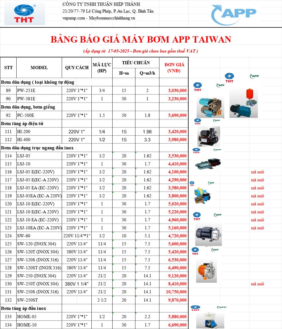 Bảng giá máy bơm tăng áp APP 1
