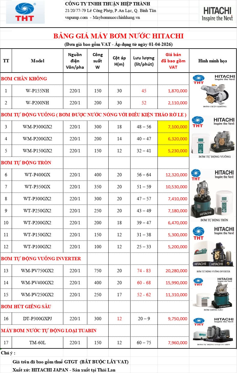 Bảng giá máy bơm tăng áp Hitachi