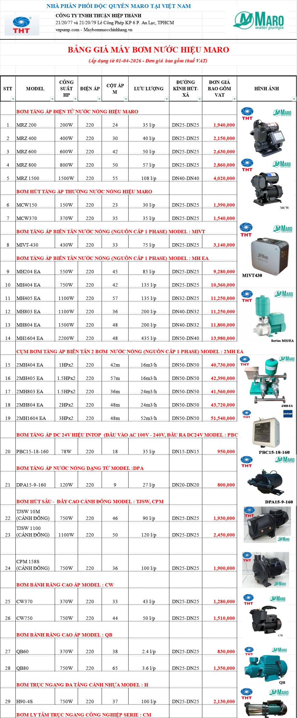 Bảng giá máy bơm tăng áp Maro