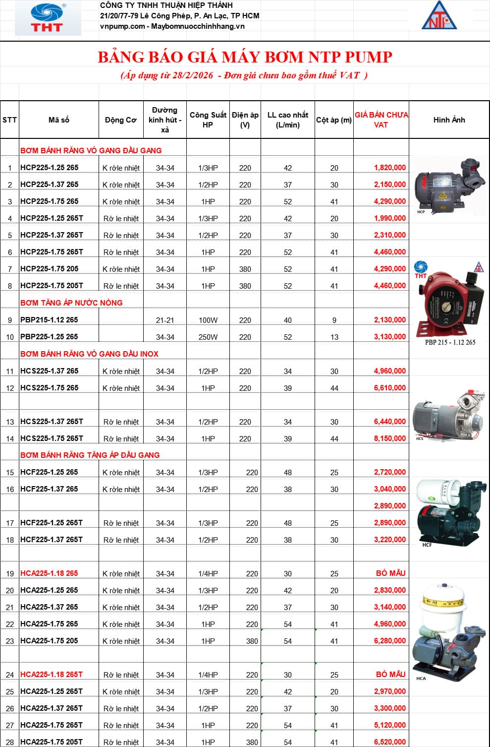 Bảng giá máy bơm tăng áp NTP 2