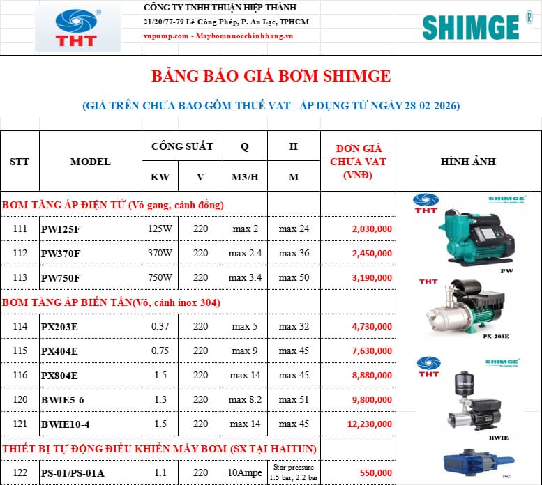 Bảng giá máy bơm tăng áp Shimge