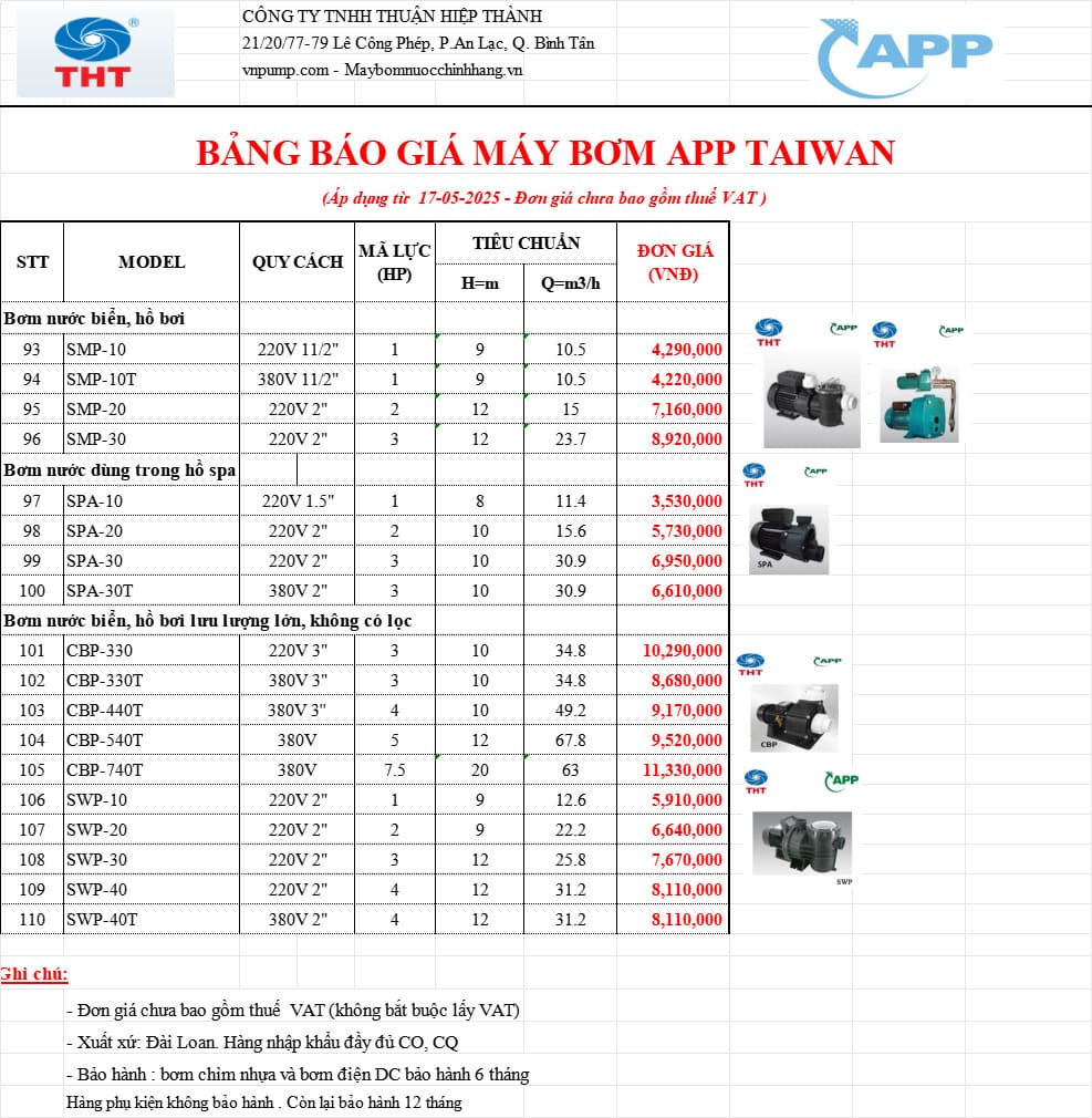 Bảng giá bơm hồ bơi APP
