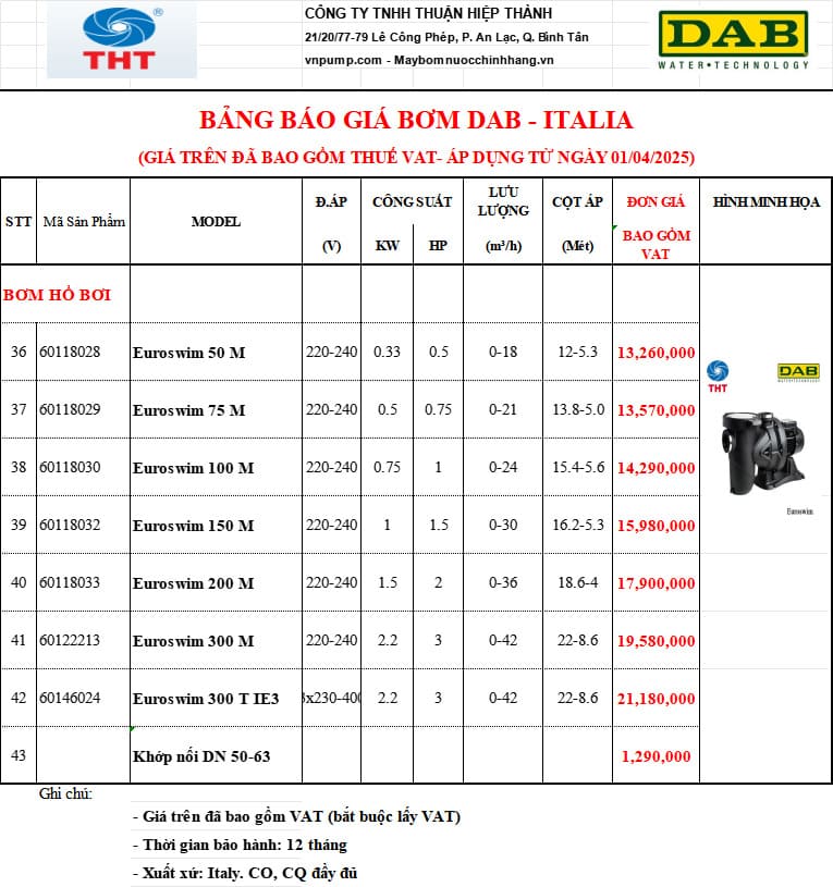 Bảng giá bơm hồ bơi DAB