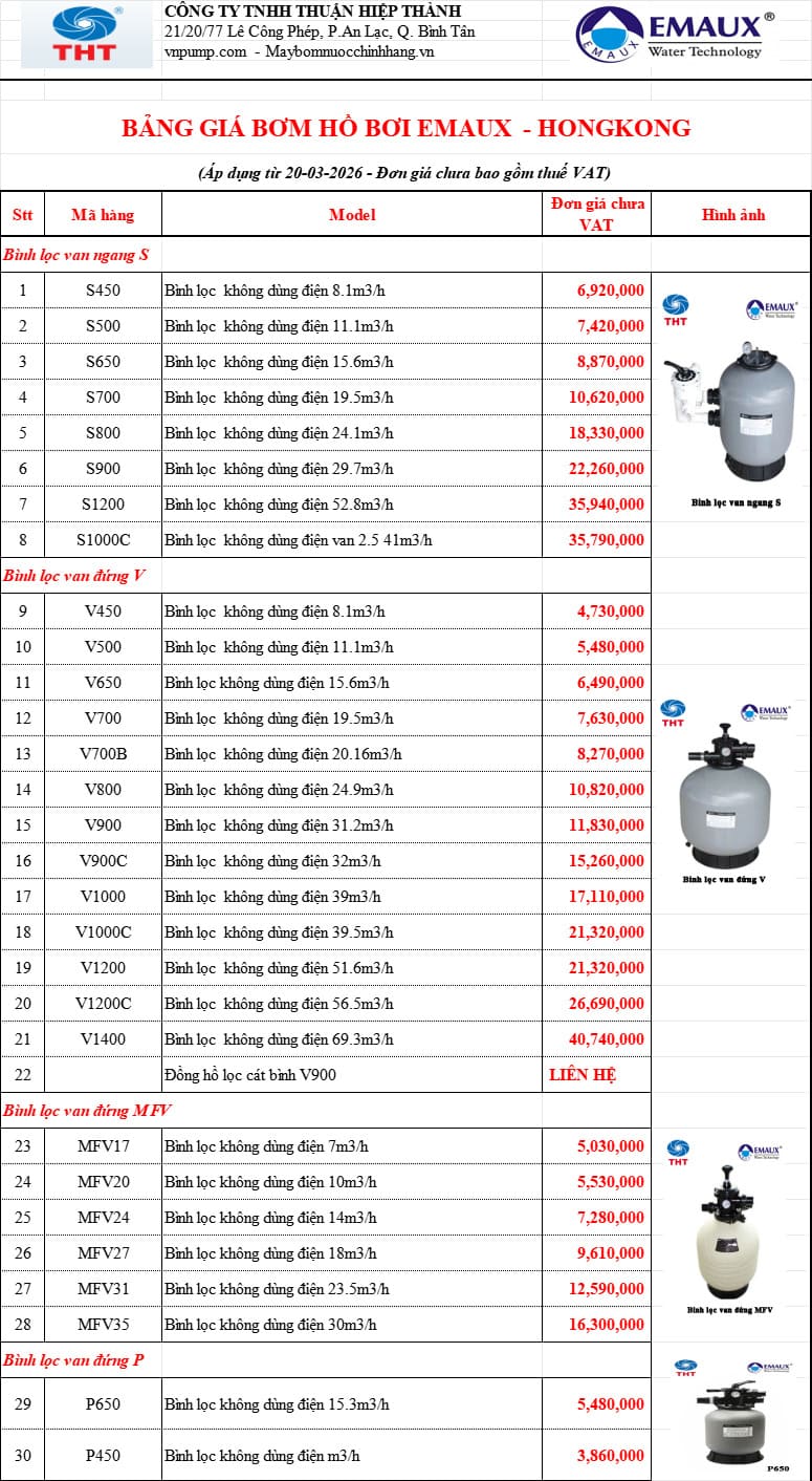 Bảng giá bơm hồ bơi Emaux 1