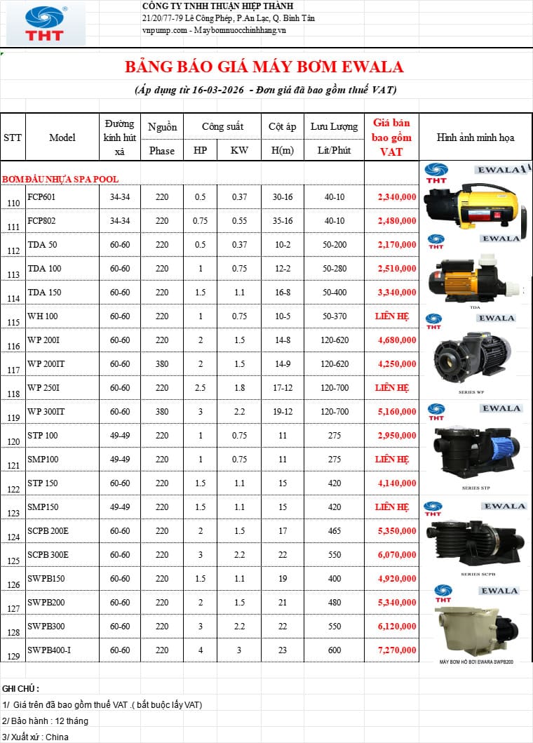Bảng giá bơm hồ bơi Ewala