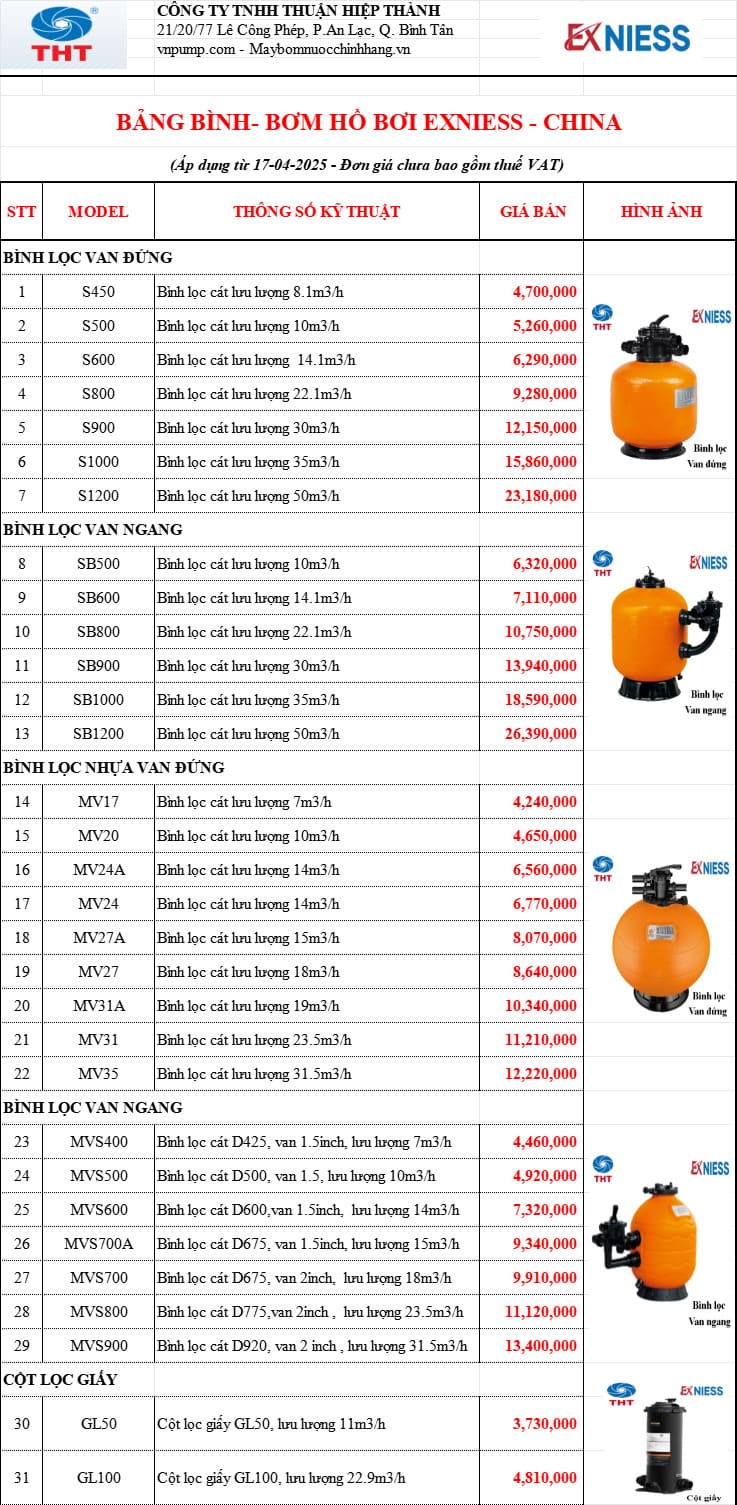 Bảng giá bơm hồ bơi Exniess 1