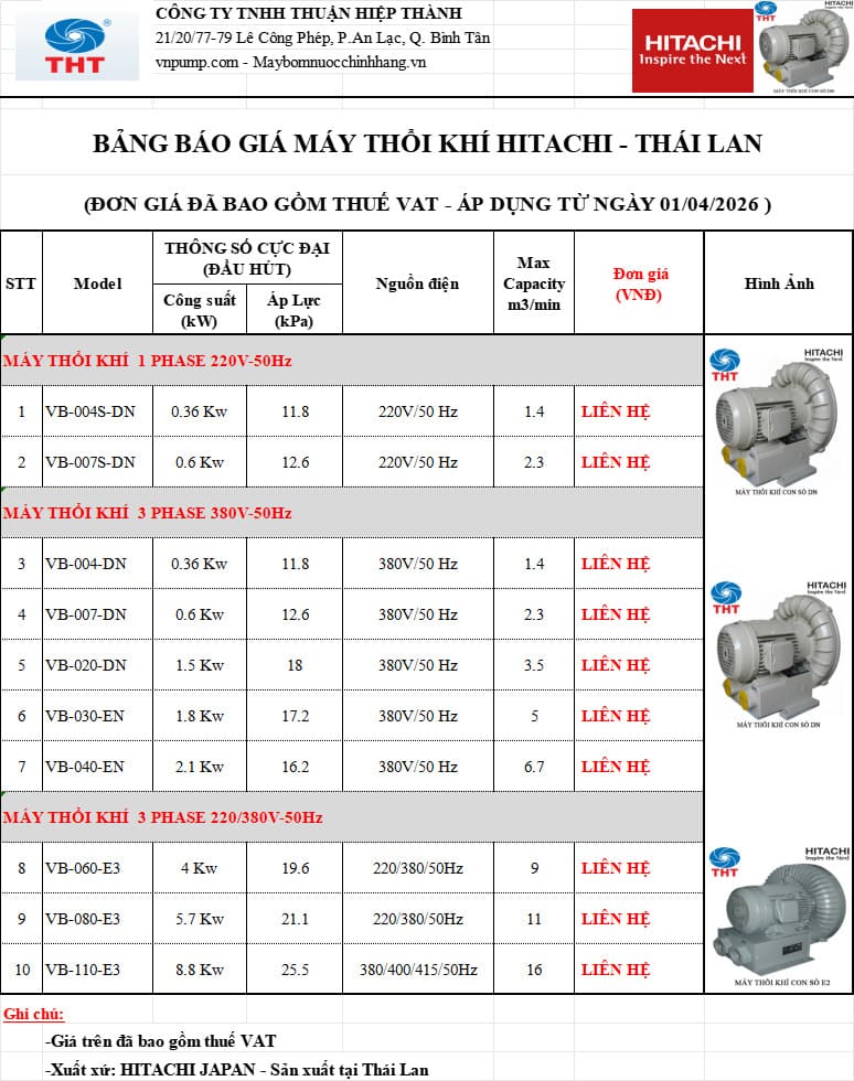 Bảng giá máy thổi khí con sò Hitachi