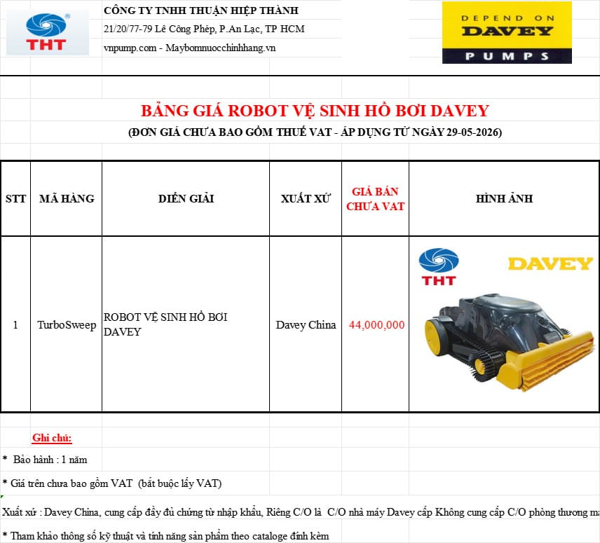 Bảng giá robot hút đáy hồ bơi Davey